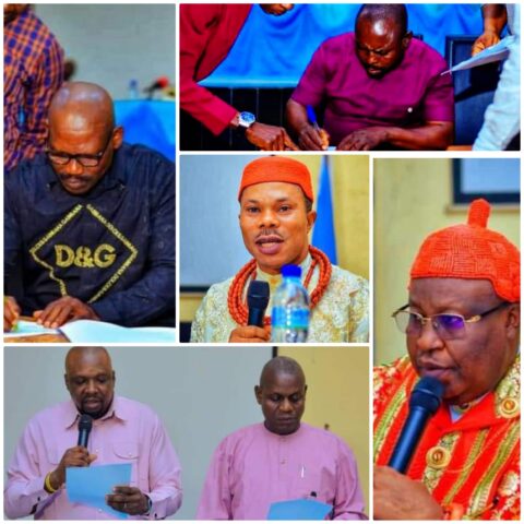 The Chairmen of Bomadi and Ughelli South Council Area, the Pere of Akugbene-Mein Kingdom and Ovie of Arhavwarien Kingdom at the Peace Accord Signing.