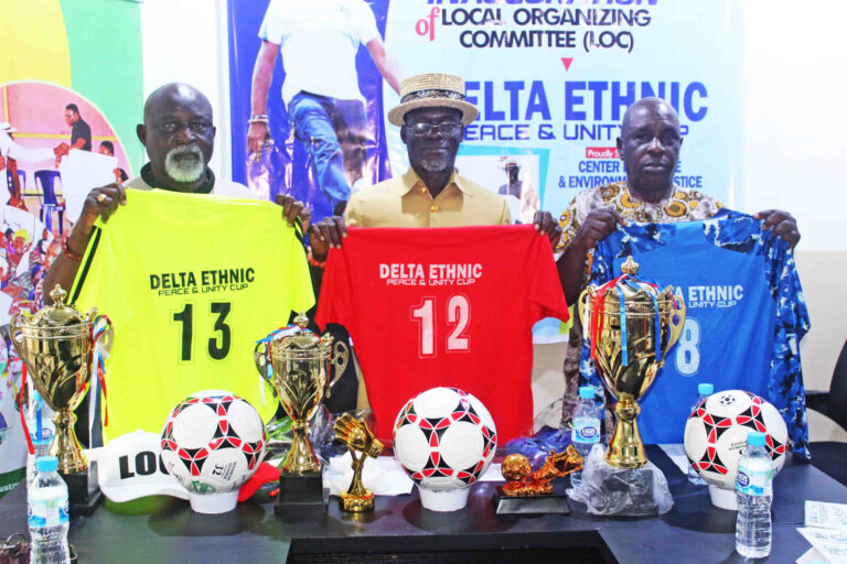 •L-R: Chairman, Delta FA, Kenneth Nwaomucha the sponsor of Delta Ethnic Peace and Unity football tourney, Sheriff Mulade and Chairman, Governing Board, CEPEJ, Dr. Godwin Orhadahwe during the inauguration of the LOC for the event in Ugolo, Osubi, Delta State.