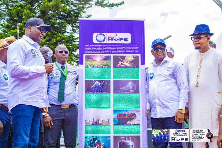 L-R Dr Samuel Ogbuku MD/CEO NDDC, Blessing Fubara, Project Lead, Victor Antai ED Project NDDC, and Dr Emeka Mandela, Commissioner for Youth Development, IMO State, pictured during the unveiling.