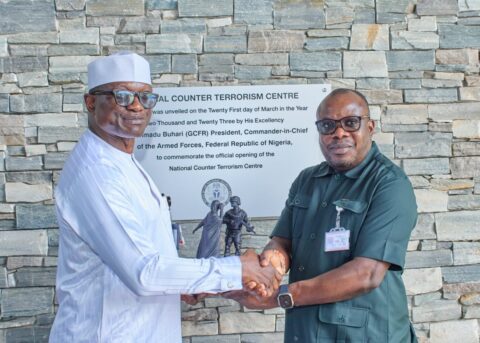 National Coordinator of the National Counter Terrorism Centre, Maj-Gen Adamu Laka (left), and the Administrator of the Presidential Amnesty Programme, Dr Dennis Otuaro (right), during the latter's visit to the former in Abuja on Friday, 10 October, 2024.