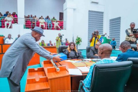 Gov. Douye Diri, presenting the 2025 fiscal year budget proposal of N689.440 billion to the State House of Assembly for consideration and passage.