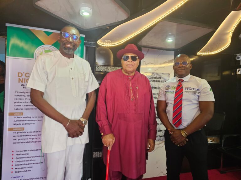 R-L Ambassador Fubara Blessing, CEO, D'Consiglories LLC, Royal Majesty, King Dandeson Jaja (Jeki V), Amanayabo of Opobo Kingdom and Barrister Nonso David Agba at the company's headquarters during the Kings visit.