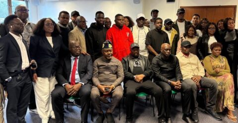 R-L Dr. Samuel Ogbuku, MD/CEO NDDC, Chairman, Governing Board, Mr. Chiedu Ebie, Alabo Boma Iyaye, Executive Director, Finance and Administration, Dr. George Uzonwanne, NDDC Director of Education, Health and Social Services, and others with the Foreign Scholarship students