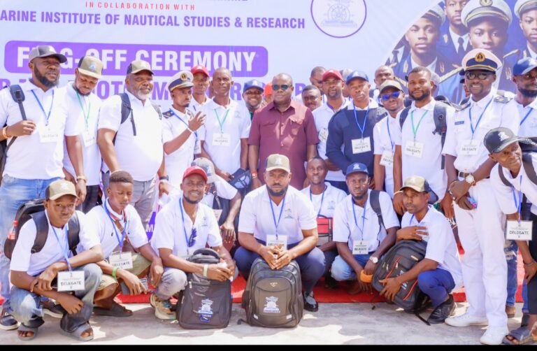 The Administrator of the Presidential Amnesty Programme Dr Dennis Otuaro, the CEO/MD of Joemarine Institute of Nautical Studies and Research, Akpos Epidei, PAP’s Head of Vocational Training Unit, Mr. Lambert Daunemighan in a group photograph with the delegates