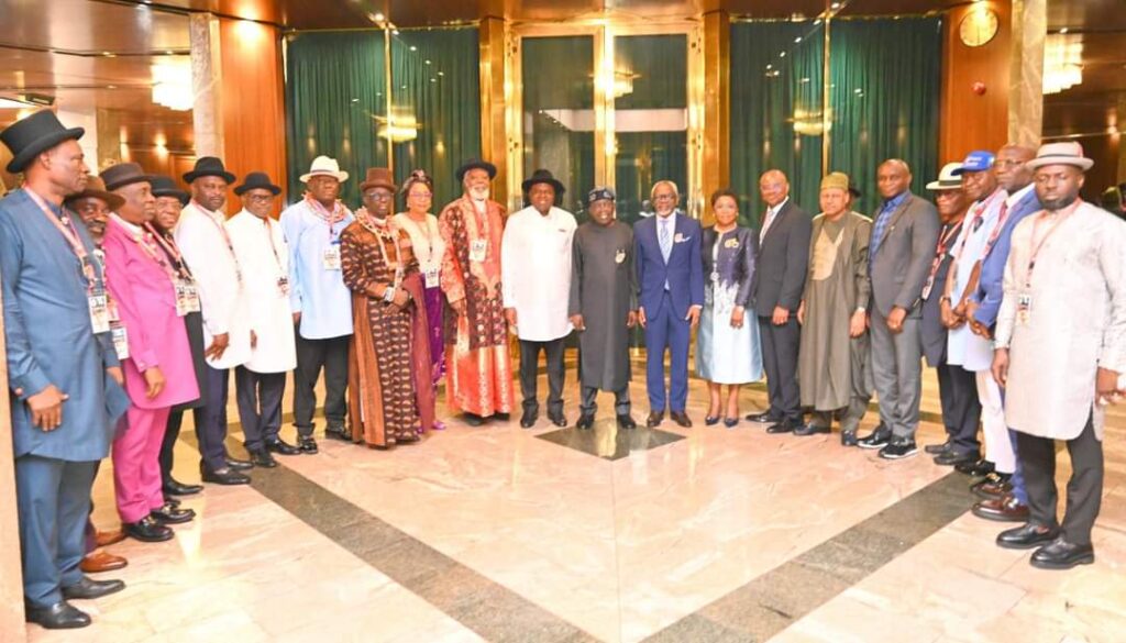 President Tinubu, Governor Douye Diri, Bayelsa federal and state legislators, federal appointees and others in a group photograph 