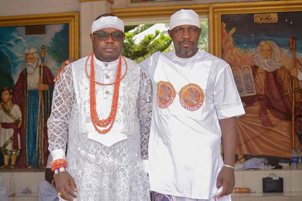 High Chief Government Oweizide Ekpemupolo, alias Tompolo, in a photograph with Dr Dennis Brutu Otuaro in the holy chamber of Gbanraun Egbesu Temple in Oporoza 