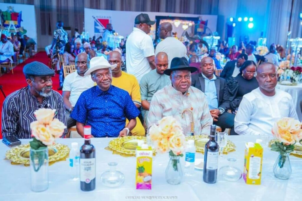 Governor Diri flanked to his right by Lawrence Ewhrudjakpo his Deputy and Fred Agbedi, Federal lawmaker and to his left by NGE President, Mr. Eze Anaba