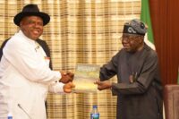 Bayelsa Governor Diri presenting the report of the Bayelsa State Oil and Environment Commission (BSOEC) titled: “An Environmental Genocide: Counting the Human and Environmental Cost of Oil in Bayelsa, Nigeria,” to President Bola Tinubu.