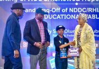 Nigeria’s First Lady, Senator Oluremi Tinubu (right), presenting U-Lesson Educational Tablets to a student of Calabar Preparatory School, Master Akpabio Godswill (2nd right), during the launching ceremony at the Banquet hall of the State House in Abuja. From left are the Chairman of the NDDC Governing Board, Mr. Chiedu Ebie and the NDDC Managing Director, Dr. Samuel Ogbuku.