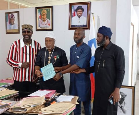 The IPF team presenting the letter of invitation to HRM. Godspower Oporomor, the Commissioner for Ijaw National Affairs, Bayelsa State