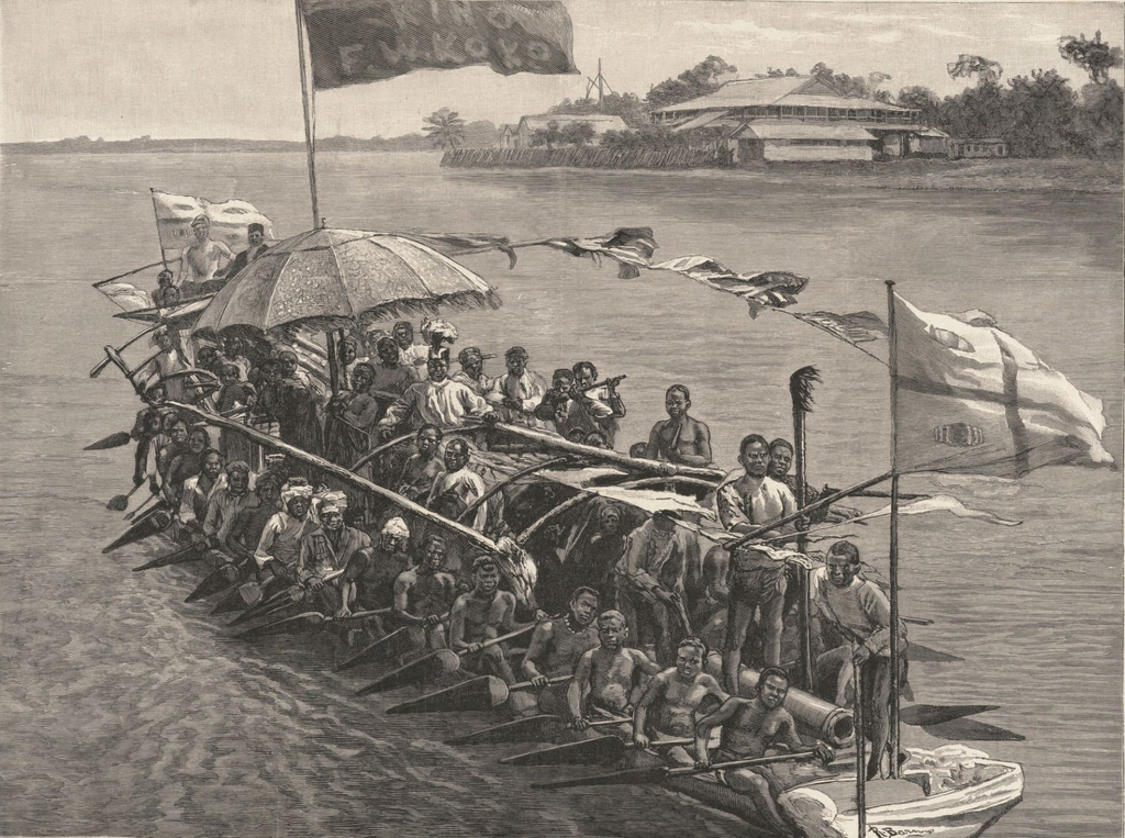 King Koko in His War Canoe on His Way down the River.
C. 1895
